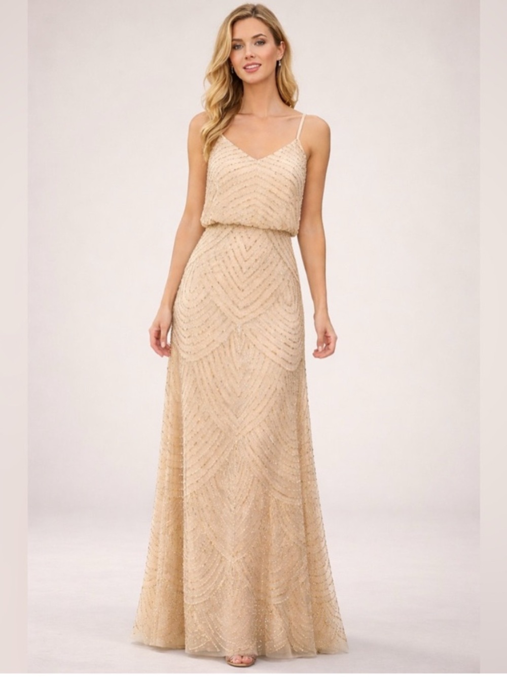 Adrianna Papell SZ 8 Champagne Gold Beaded Art Deco Blouson Gown NWT GALA MOB